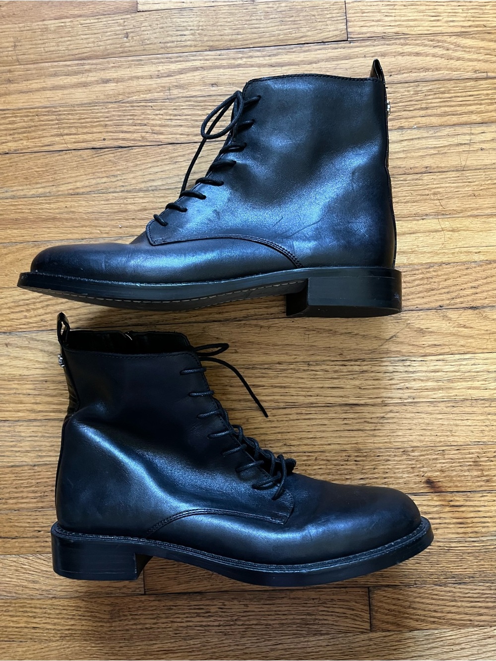 Sam Edelman Nina Black Leather Combat Boots Booties Lace Up Zipper Size 9.5M